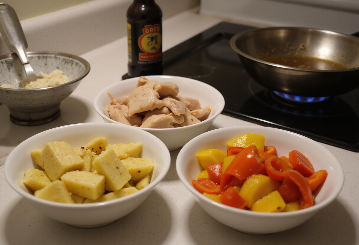 Preparation for Sweet & Sour Chicken with chopped chicken breast, bell peppers, and pineapple in a healthy cooking setup.