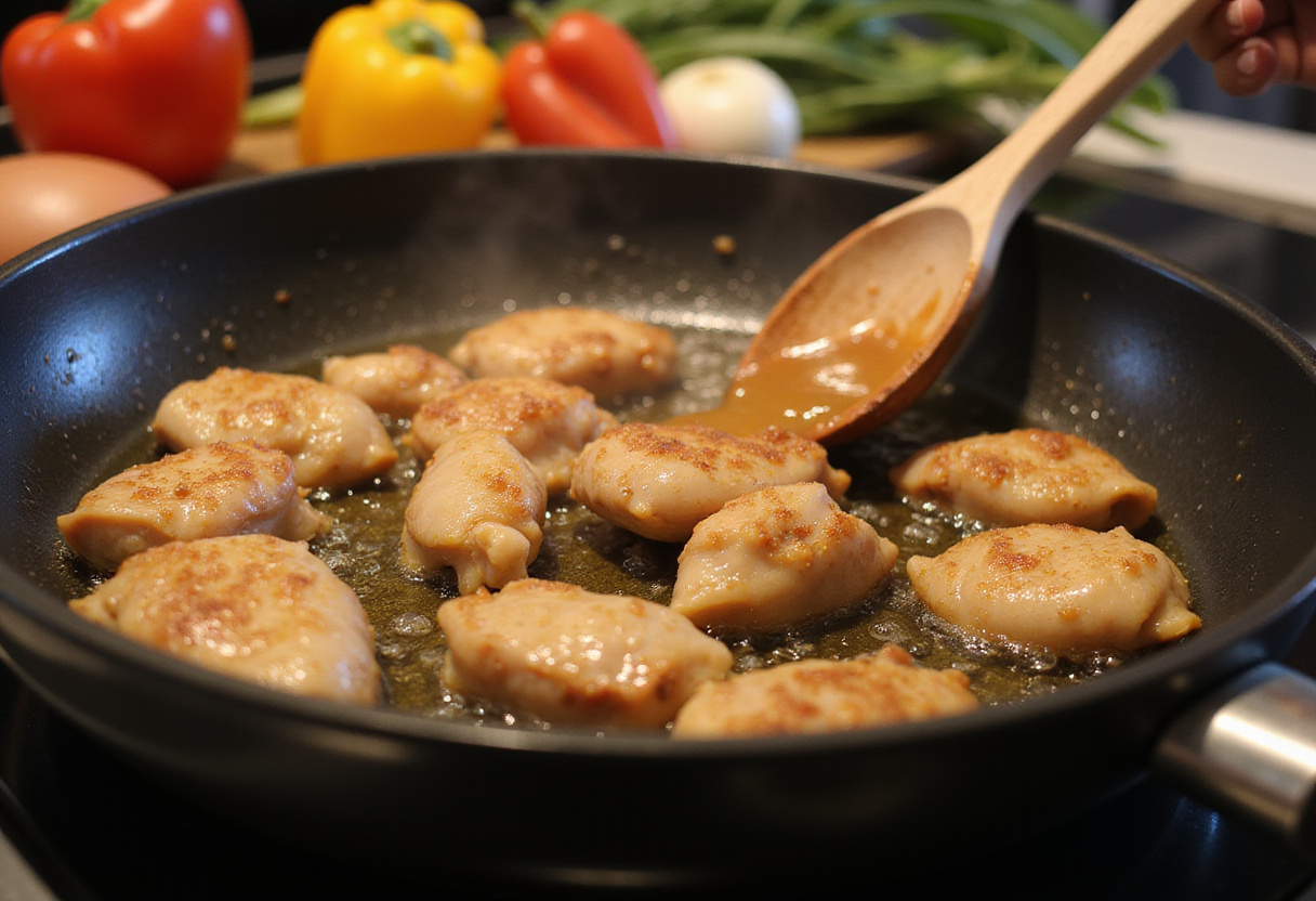 Cooking process of Sweet & Sour Chicken with sautรฉing chicken pieces in a frying pan, emphasizing low-calorie ingredients.