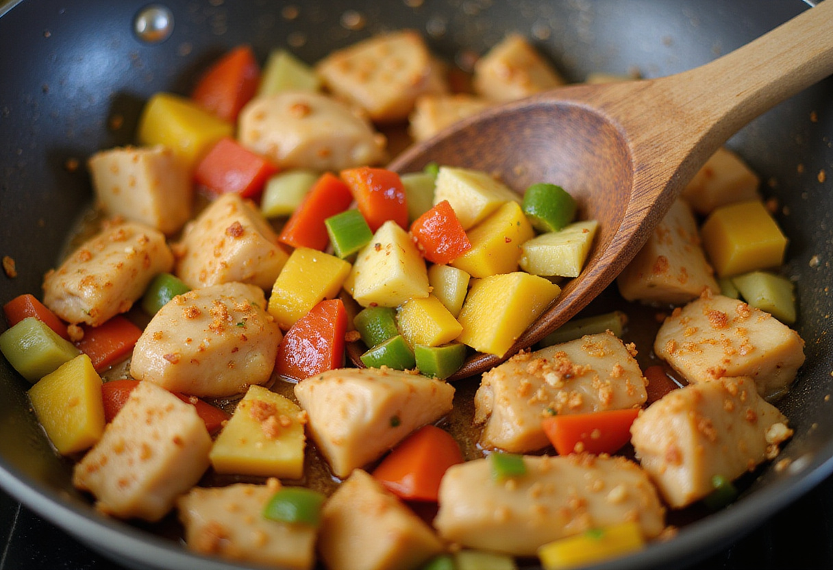 Combining ingredients for Sweet & Sour Chicken with golden chicken, bell peppers, and pineapple in a frying pan, showcasing a healthy dish.