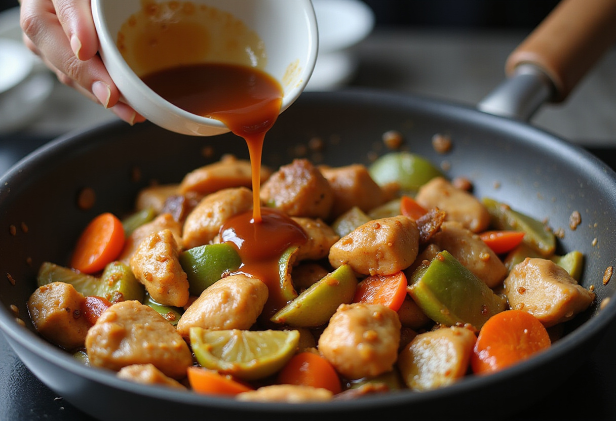 Adding homemade sweet and sour sauce to the chicken stir-fry, focusing on a low-calorie and nutritious approach to Sweet & Sour Chicken.
