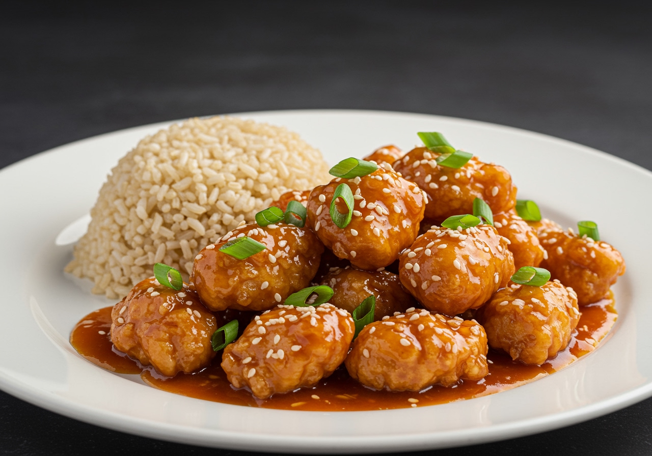 Final presentation of Sweet & Sour Chicken on a plate, showcasing a low-calorie, high-protein dish with colorful vegetables and a healthy serving of brown rice.
