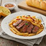 Exquisite presentation of Sweet and Spicy Garlic Steak Pasta on a rustic table, showcasing the delicious combination of flavors and textures.