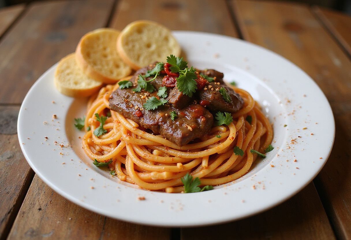Exquisite presentation of Sweet and Spicy Garlic Steak Pasta on a rustic table, showcasing the delicious combination of flavors and textures.