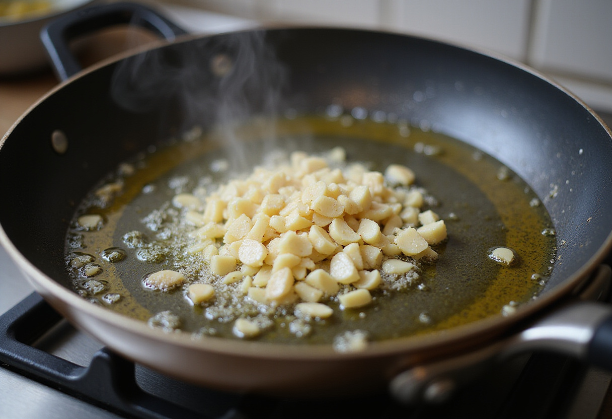Delicious minced garlic sizzling in olive oil for Sweet and Spicy Garlic Steak Pasta preparation, creating an aromatic base.
