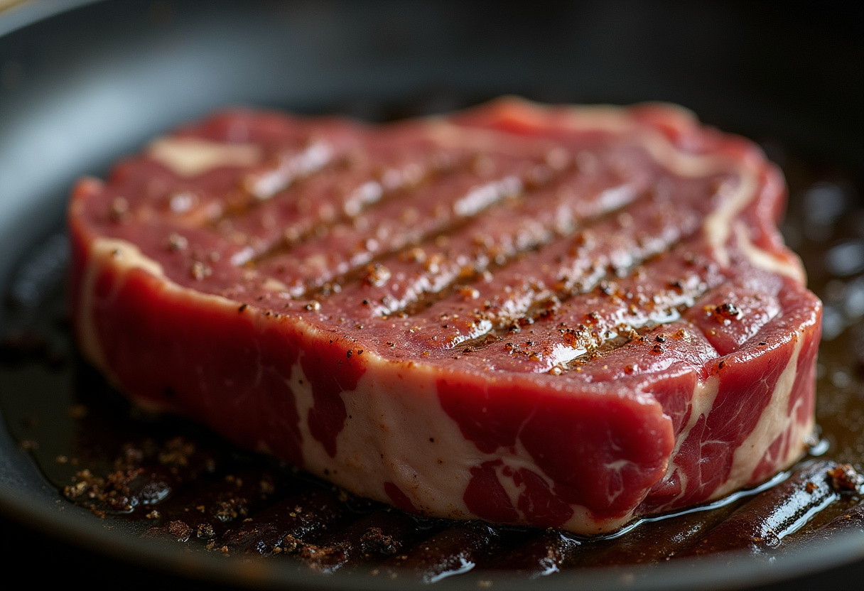 Perfectly seasoned raw steak grilling in a skillet for Sweet and Spicy Garlic Steak Pasta, showing delicious grill marks.