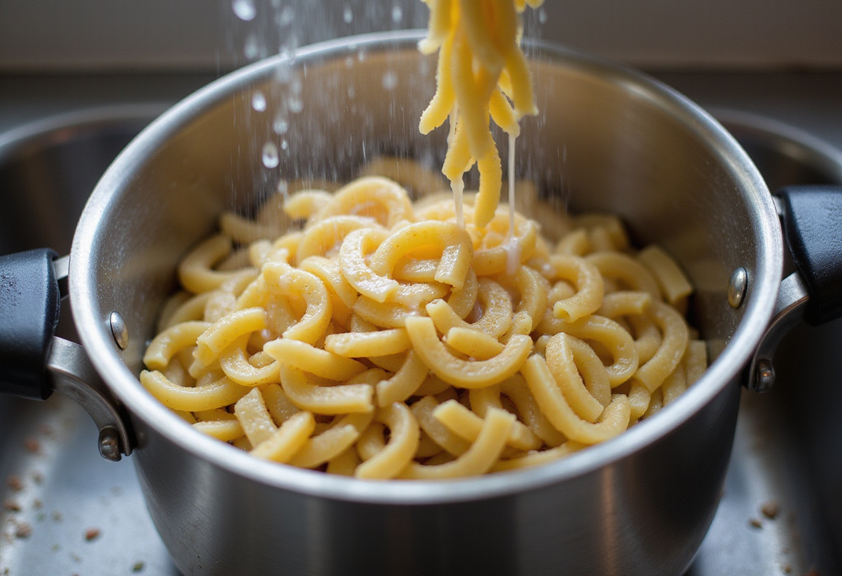 Freshly cooked pasta being drained for Sweet and Spicy Garlic Steak Pasta, ensuring the perfect texture before combining with other ingredients.