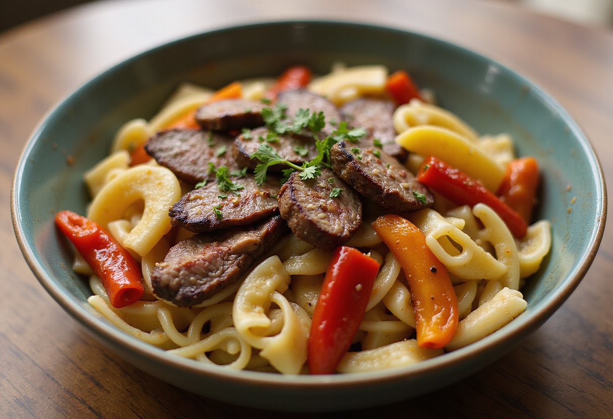 Vibrant bowl of Sweet and Spicy Garlic Steak Pasta, featuring perfectly combined pasta, grilled steak, bell peppers, and fresh parsley.