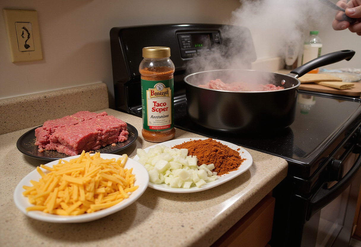 Cooking ground beef with taco seasoning for Taco Ranch Bites, showcasing fresh ingredients like onions and cheese.