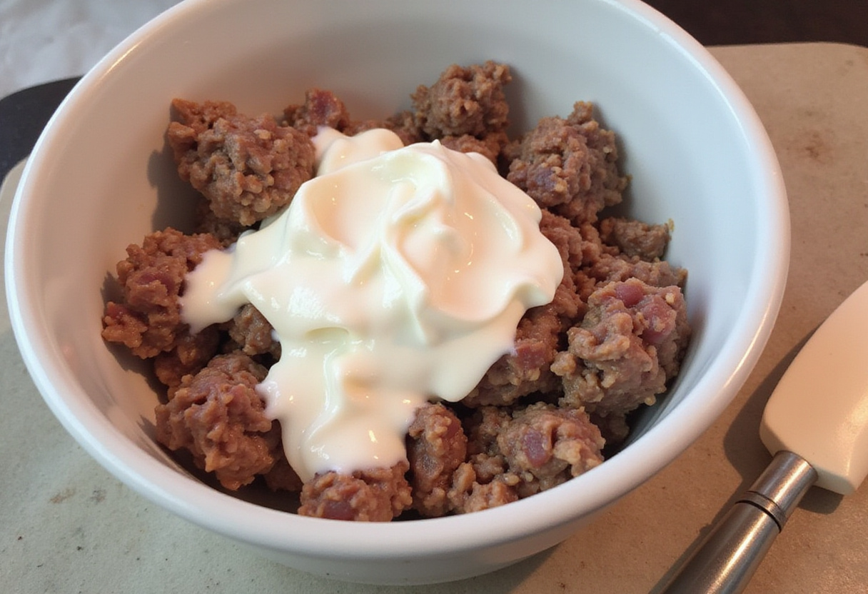Creating a creamy mixture for Taco Ranch Bites with ground beef, cream cheese, and ranch dressing in a bowl.