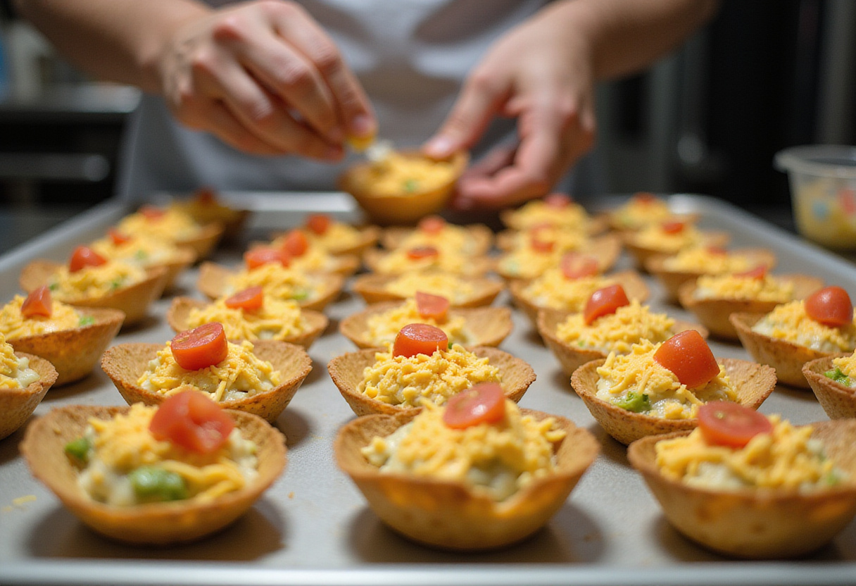 Filling tortilla cups with the creamy beef mixture for Taco Ranch Bites, preparing for baking and topping.