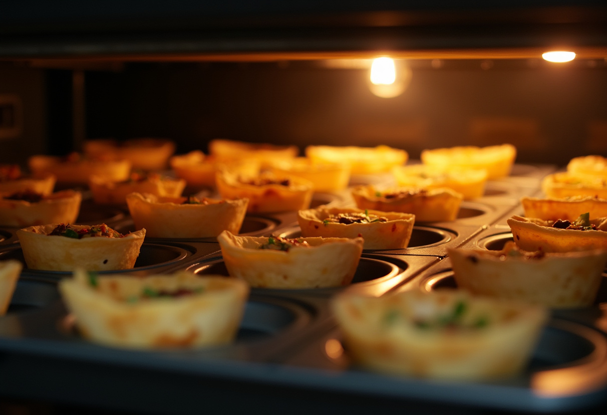 Preparing Taco Ranch Bites in the oven, baking the filled tortilla cups for a delicious finish.