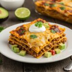 Deliciously presented taco lasagna slice garnished with avocado and cilantro, ideal for a satisfying meal.