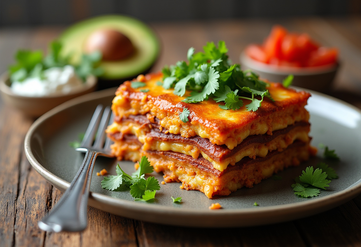 Deliciously presented taco lasagna slice garnished with avocado and cilantro, ideal for a satisfying meal.