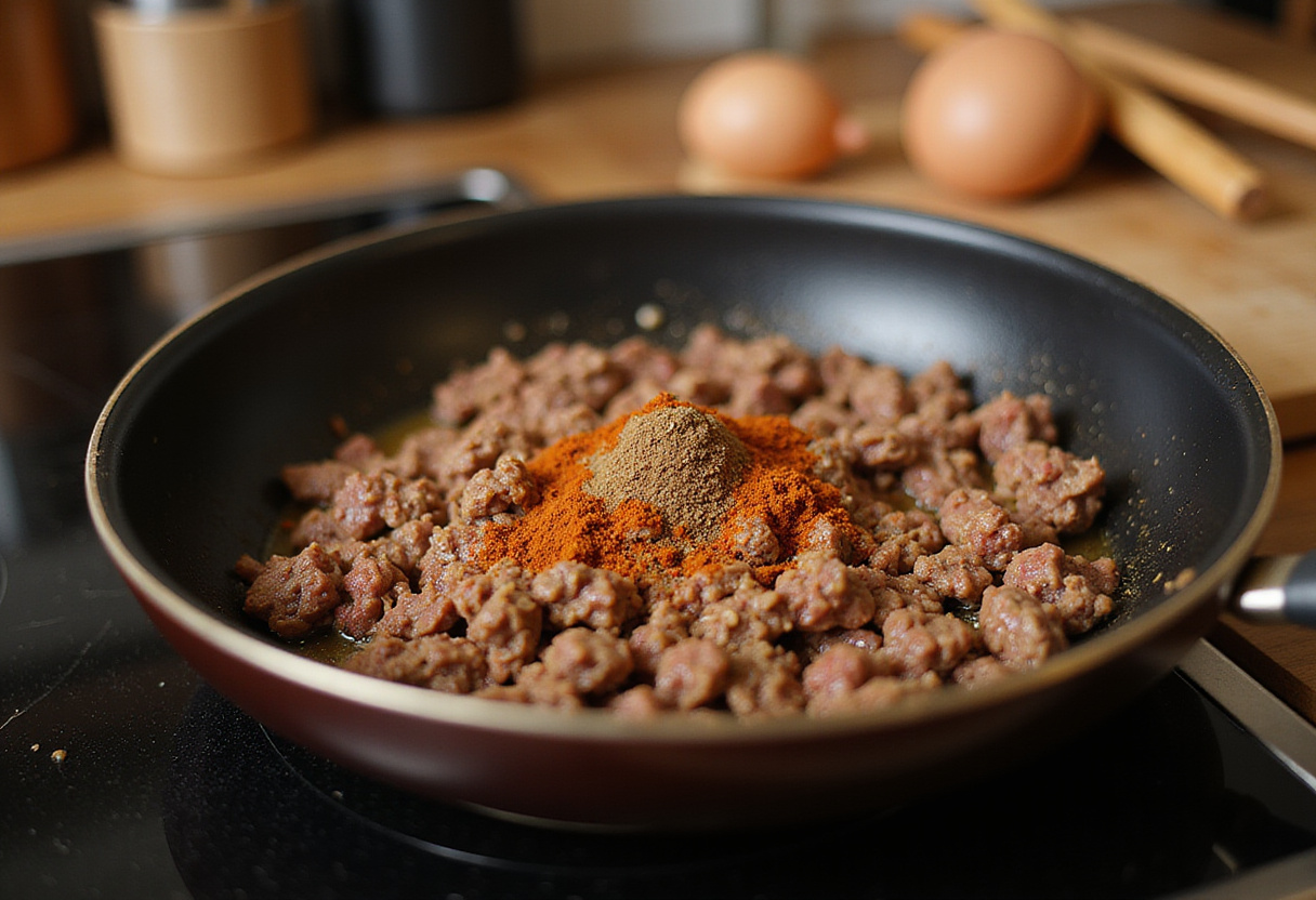 Delicious ground beef being cooked for taco lasagna, seasoned with cumin and chili powder in a cozy kitchen.