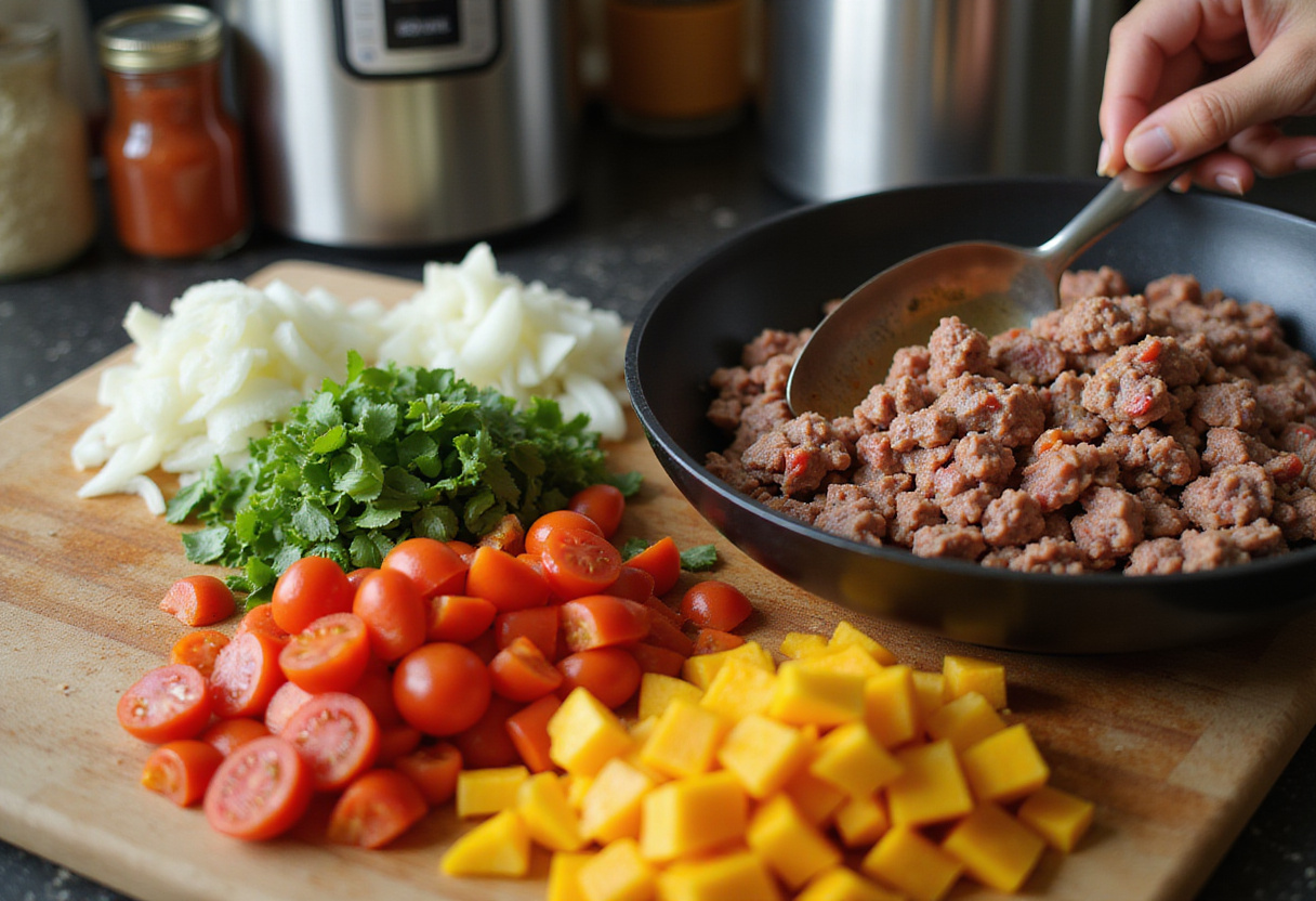 Freshly chopped vegetables like tomatoes and bell peppers being prepared for taco lasagna alongside seasoned ground beef.