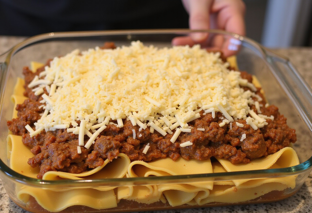 Assembly of taco lasagna with layers of noodles, seasoned beef, and cheese being placed in a baking dish ready for the oven.