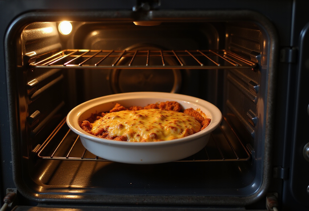 Taco lasagna baking in the oven, with melted cheese bubbling and the kitchen warmly lit for a cozy cooking experience.