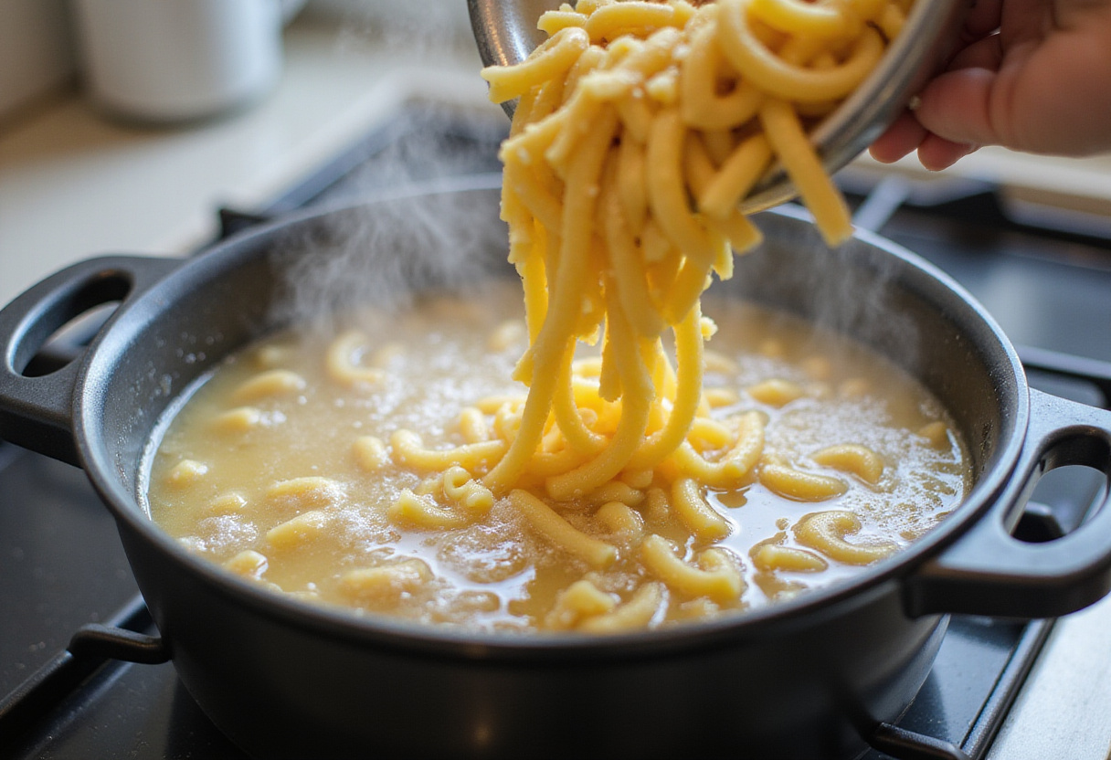 Cooking macaroni noodles in boiling salted water for a classic homemade mac and cheese recipe.