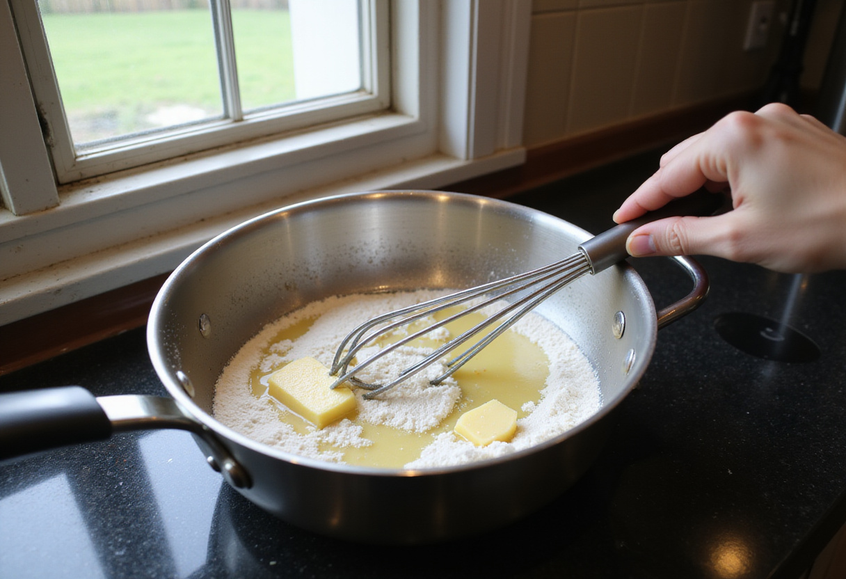 Making a roux for a creamy cheese sauce as part of a delicious homemade mac and cheese recipe.