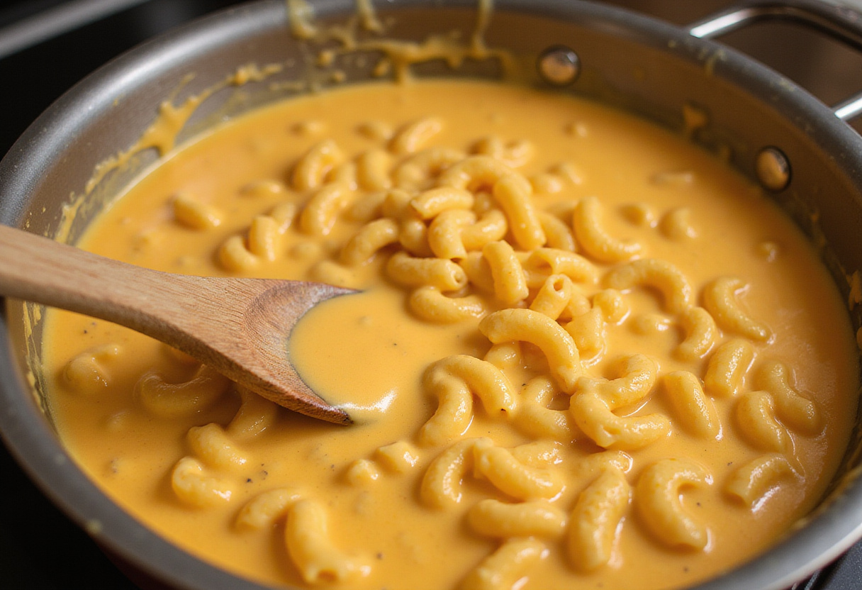 Combining macaroni and cheese sauce to create a rich and creamy homemade mac and cheese dish.