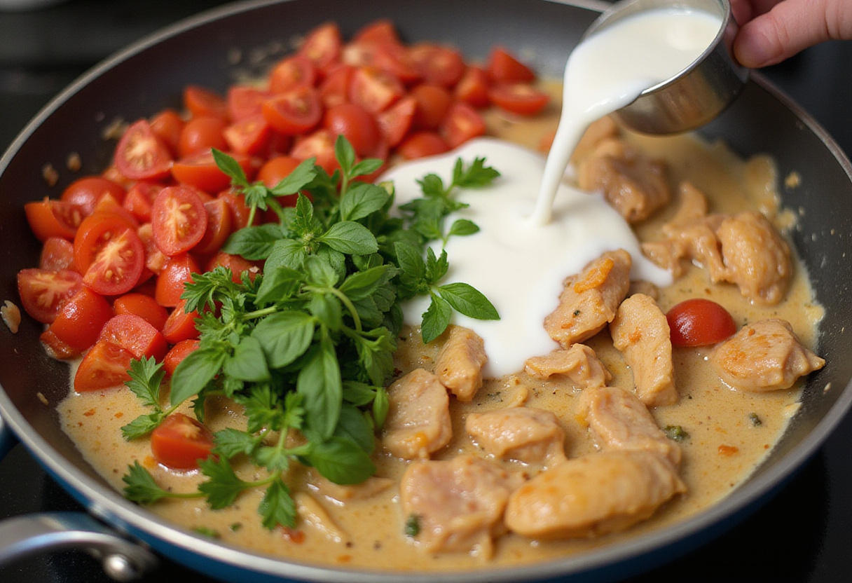 Adding tomatoes, cream, and fresh basil to chicken for Marry Me Chicken Pasta, enhancing the flavor and creating a rich sauce.