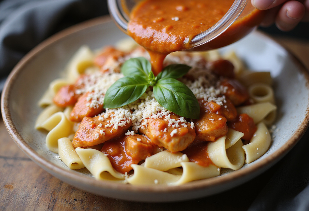 Combining chicken and sauce with pasta for Marry Me Chicken Pasta, creating a visually appealing and mouthwatering meal.