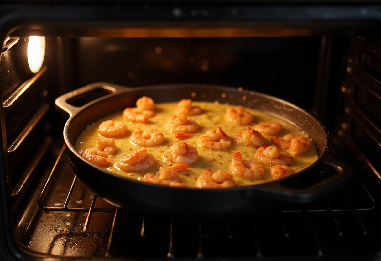 Assembling the Best Shrimp Casserole in the oven, preparing for a delicious bake.