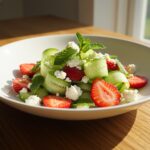 Delicious cucumber strawberry salad served with feta cheese, a perfect summer dish that is both refreshing and visually appealing.