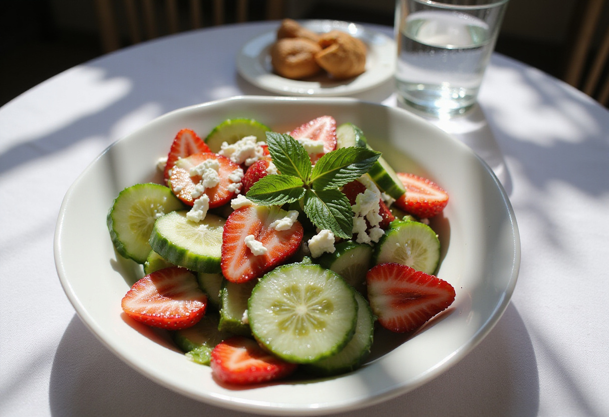 Delicious cucumber strawberry salad served with feta cheese, a perfect summer dish that is both refreshing and visually appealing.