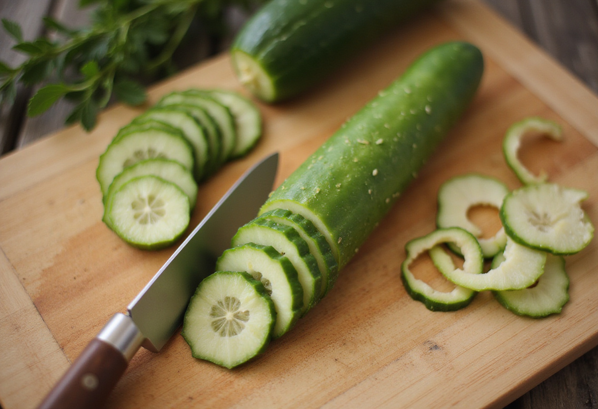 Fresh cucumber slices on a wooden cutting board, perfect for a refreshing cucumber strawberry salad.