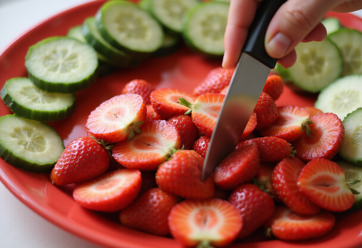 Juicy strawberries prepared for a tasty cucumber strawberry salad, highlighting their vibrant color and freshness.