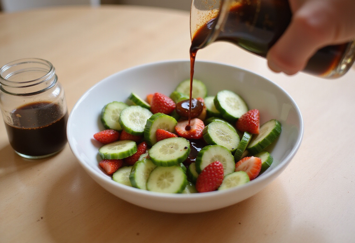 Cucumber and strawberry salad ingredients being combined, ready for a refreshing vinaigrette dressing.