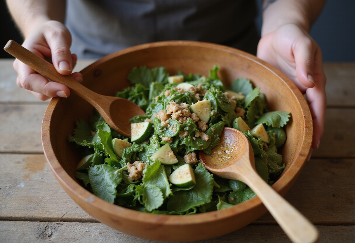Mixing a cucumber strawberry salad with vinaigrette, showcasing a vibrant and colorful dish in the making.