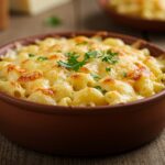 Deliciously baked Three-Cheese Macaroni ready to serve, showcasing a melted cheese top and inviting aroma.