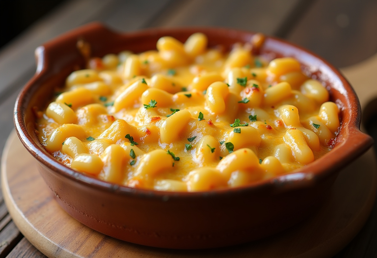Deliciously baked Three-Cheese Macaroni ready to serve, showcasing a melted cheese top and inviting aroma.