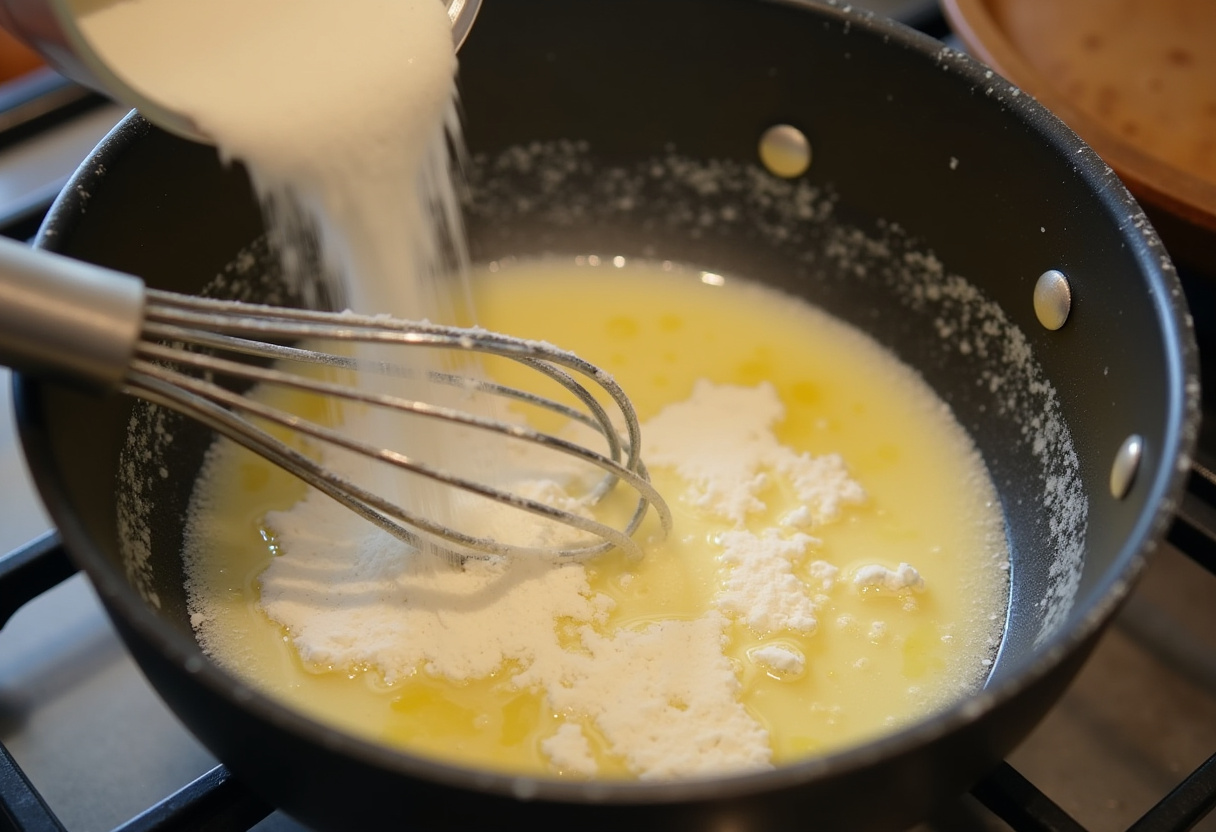 Making a creamy cheese sauce for Three-Cheese Baked Macaroni, essential for a rich flavor.