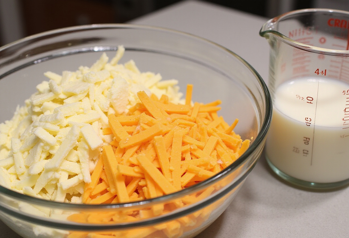 Combining various cheeses for Three-Cheese Baked Macaroni, enhancing the dish's cheesy goodness.