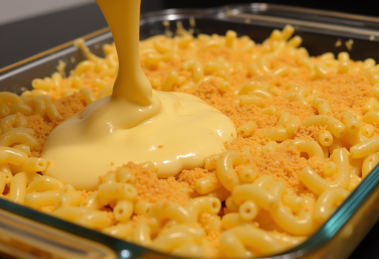 Preparing to bake Three-Cheese Baked Macaroni, ensuring the perfect blend of flavors and textures.