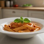 Delicious creamy tomato pasta served elegantly, highlighting garnishes and rich colors.