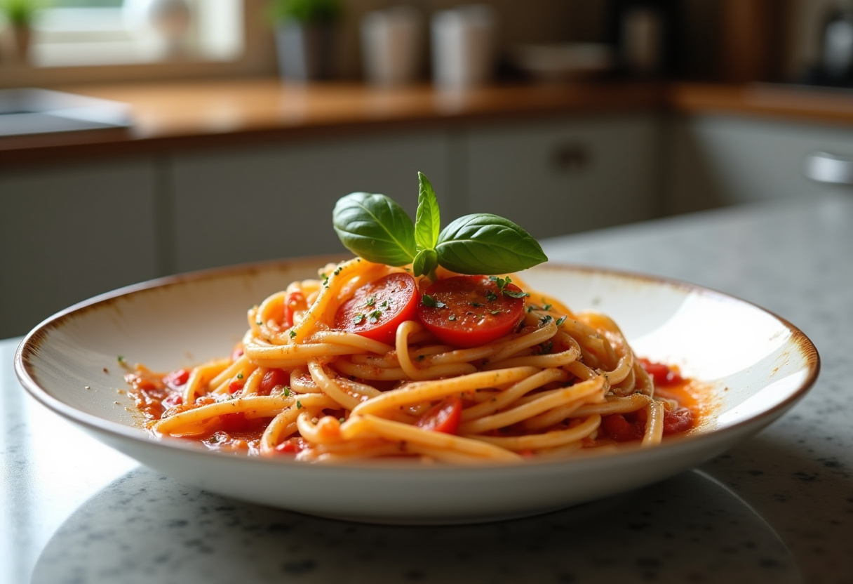 Delicious creamy tomato pasta served elegantly, highlighting garnishes and rich colors.