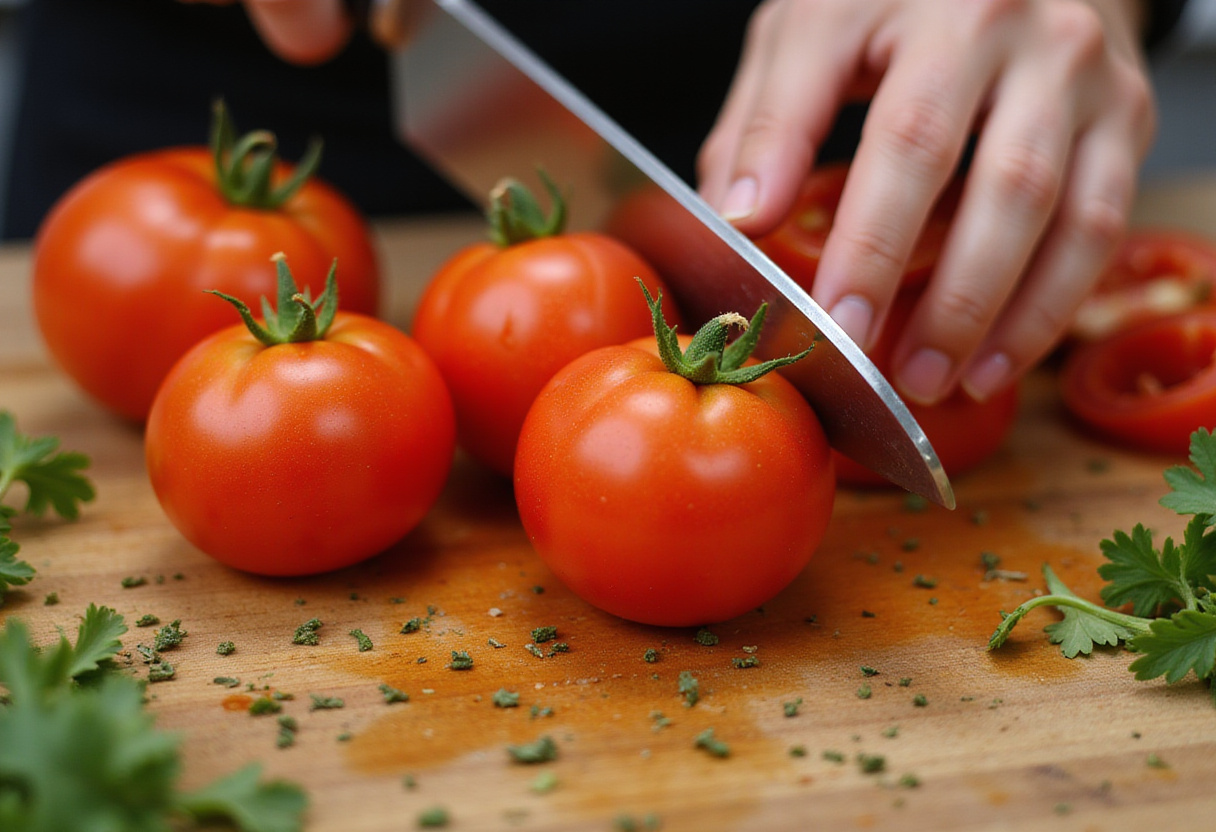 Chopping fresh tomatoes for creamy tomato pasta, highlighting ripe tomatoes and herbs.