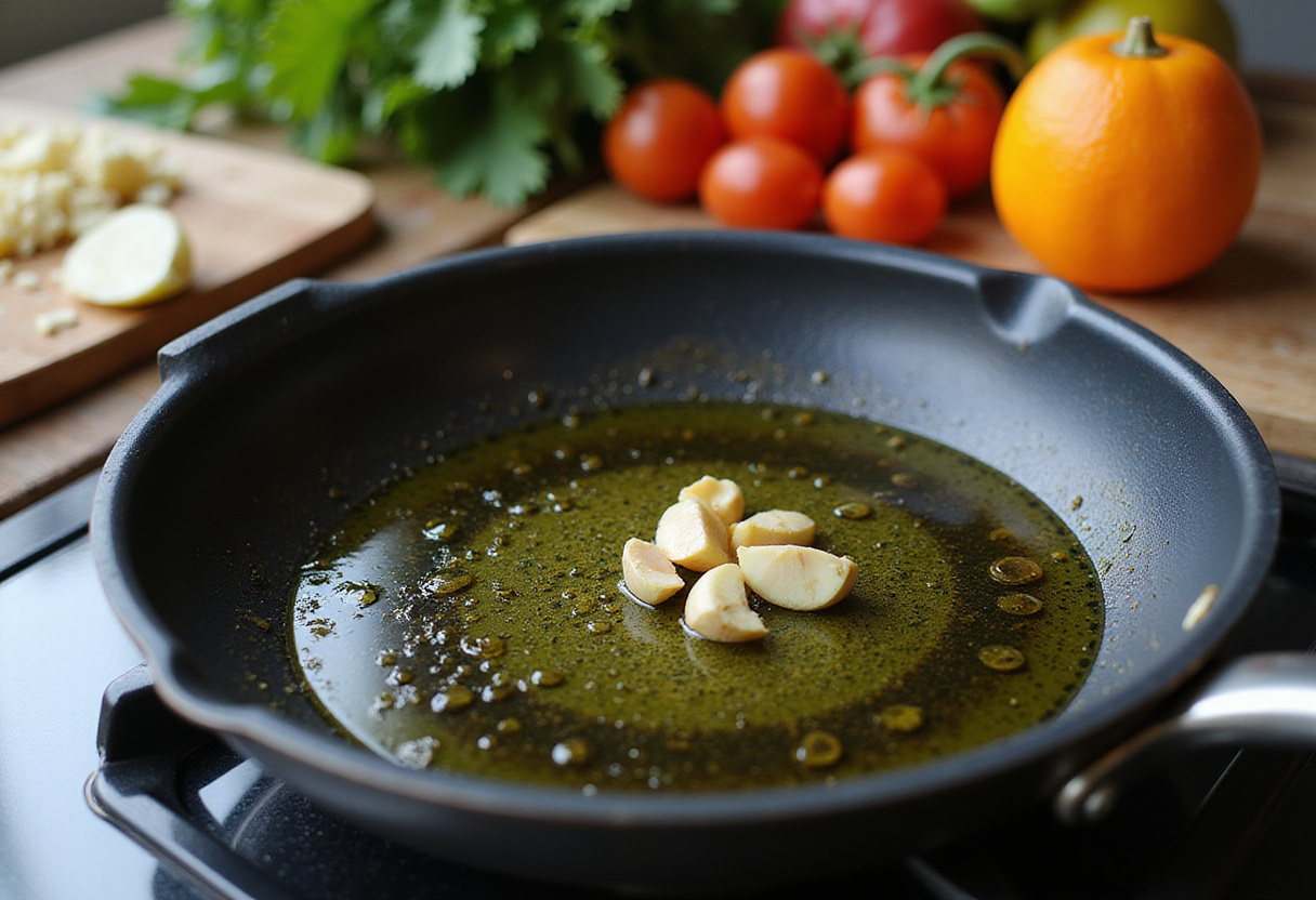 Heating olive oil and garlic for creamy tomato pasta, showcasing fresh ingredients in preparation.