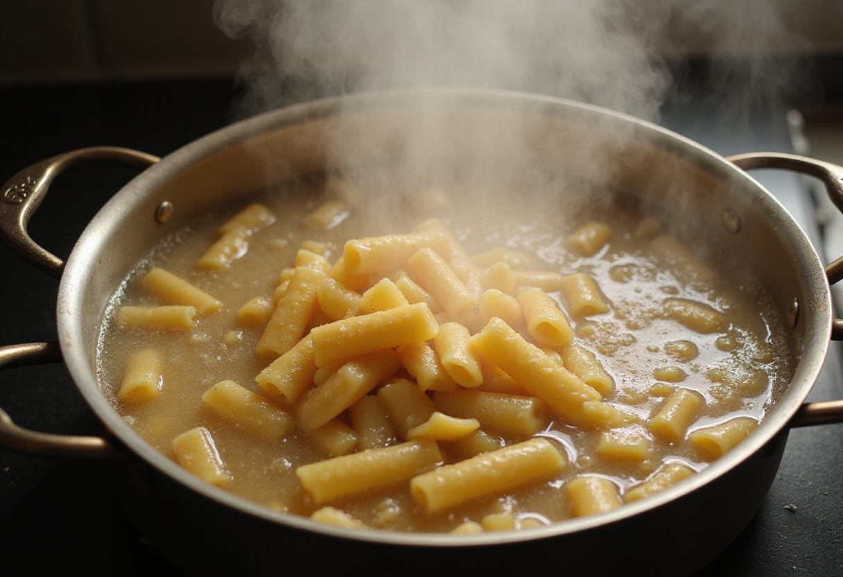 Cooking pasta for creamy tomato pasta, capturing the boiling water and swirling noodles.