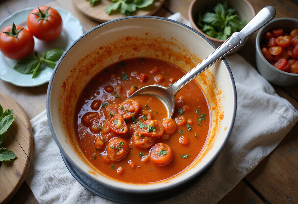 Combining sautรฉed tomatoes and cream for creamy tomato pasta, emphasizing the cooking process.