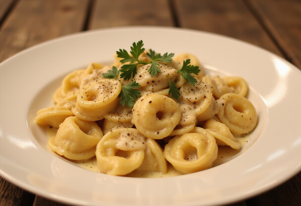Completed Tortellini Carbonara, beautifully presented with garnishes, showcasing a delicious Italian meal in a rustic dining environment.