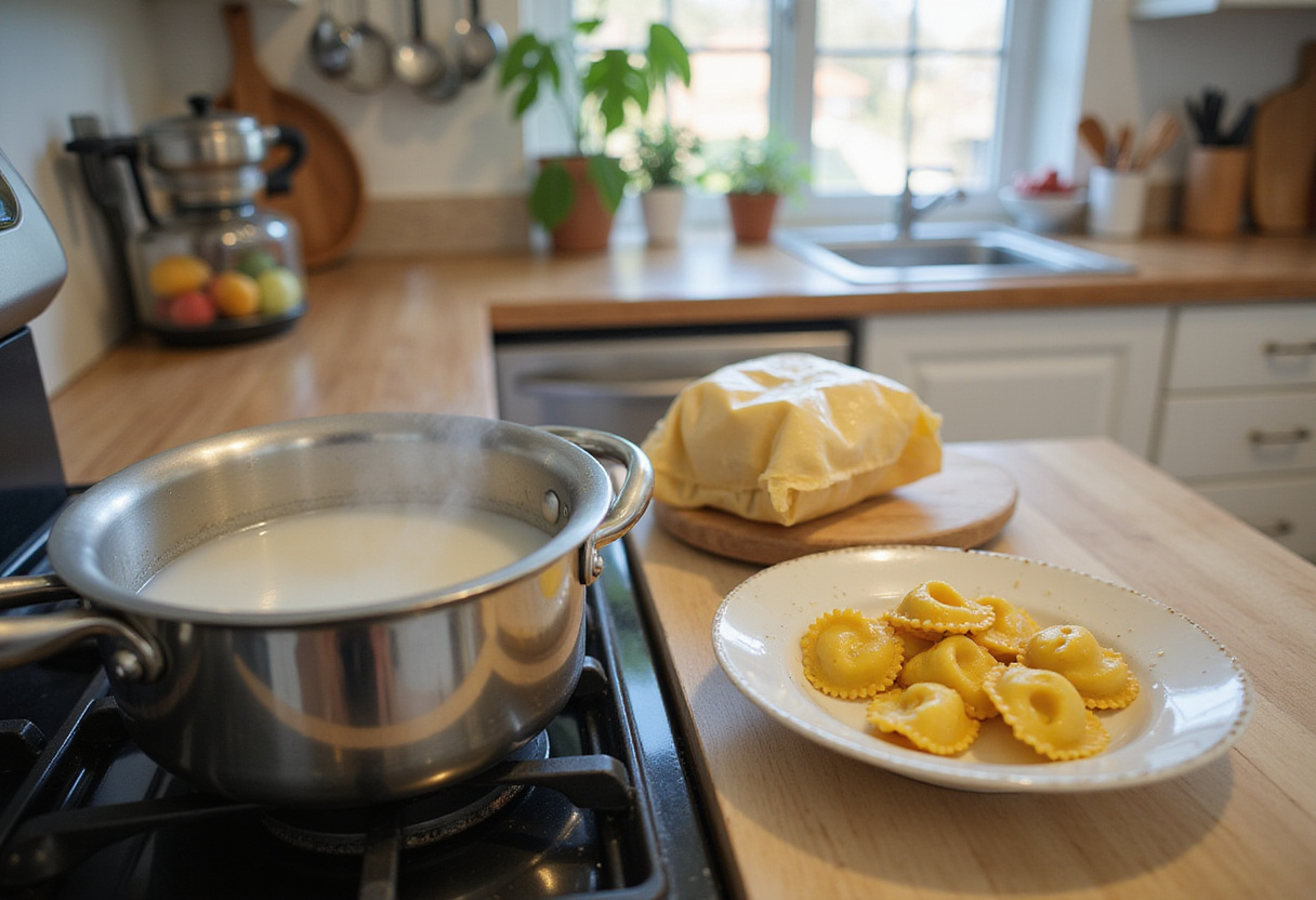 Tortellini Carbonara preparation step with boiling water for cooking tortellini, a vibrant kitchen setting showcasing ingredients.