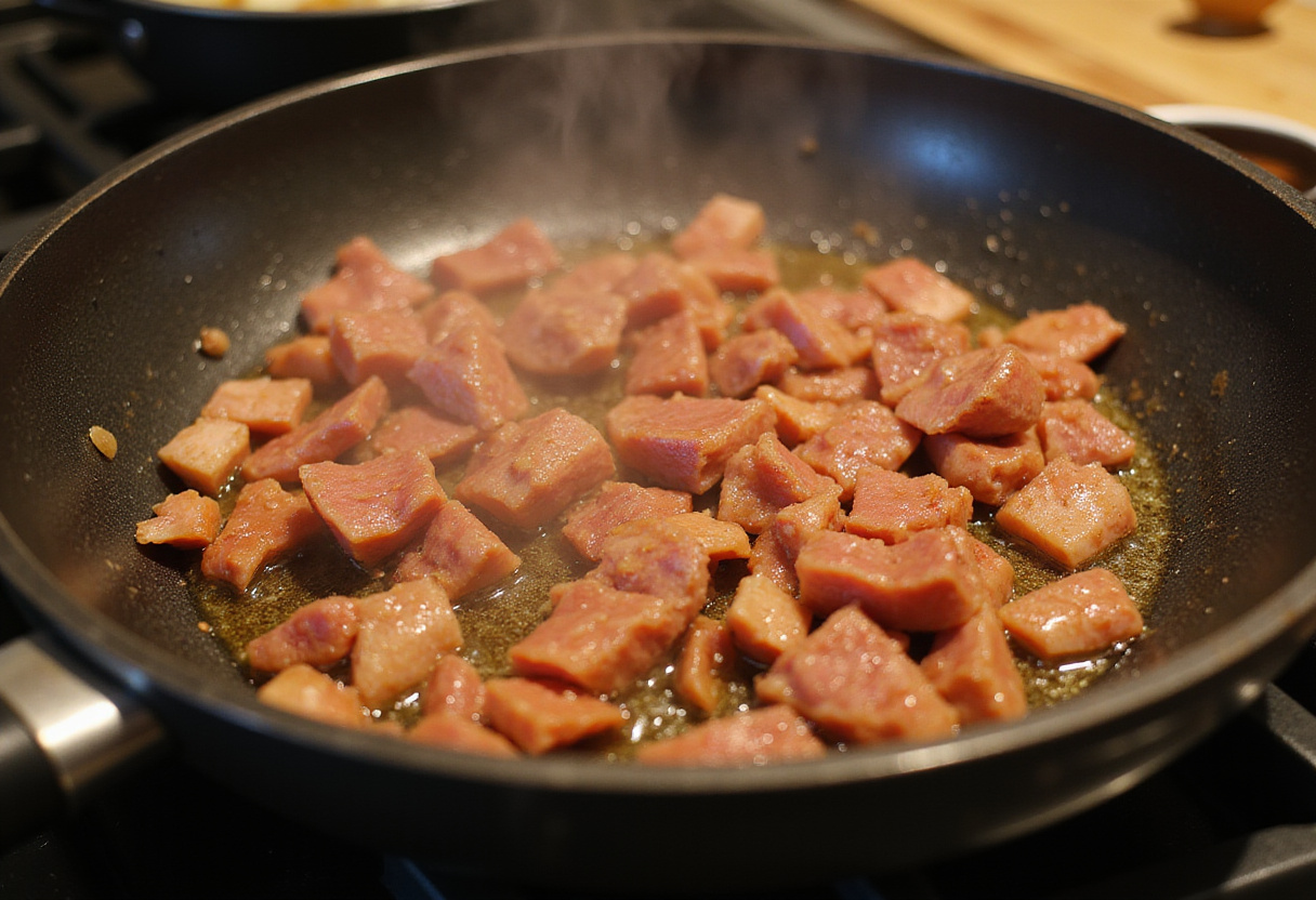 Cooking pancetta for Tortellini Carbonara, showcasing the golden crispiness and appetizing aroma in a warm kitchen environment.