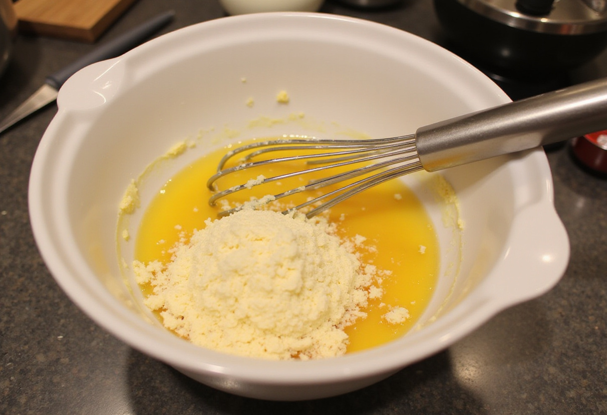 Preparing the creamy egg and Parmesan mixture for Tortellini Carbonara, highlighting the cooking process in a lively kitchen.