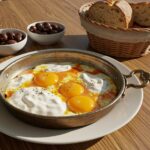 Final presentation of Turkish eggs with Greek yogurt, displaying the vibrant dish ready to be served with bread and olives.