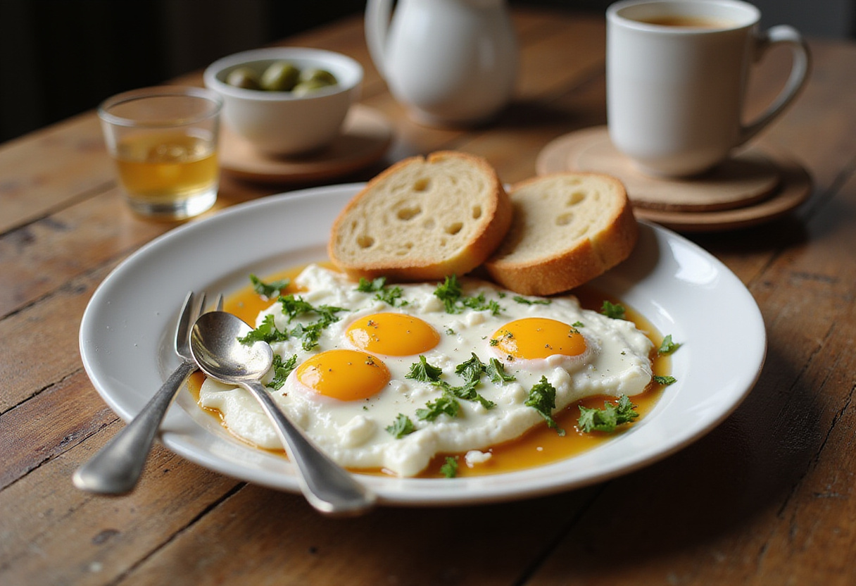 Final presentation of Turkish eggs with Greek yogurt, displaying the vibrant dish ready to be served with bread and olives.
